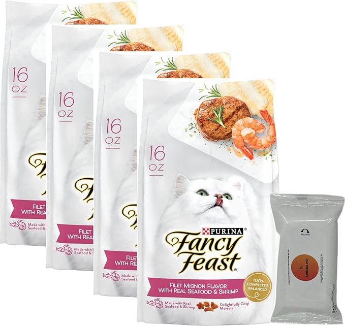 Aurora Pet Bundle Pack (4) FF Gourmet Dry Cat Food Filet Mignon Flavor with Real Seafood & Shrimp (16 oz. Bags) Plus AuroraPet Wipes