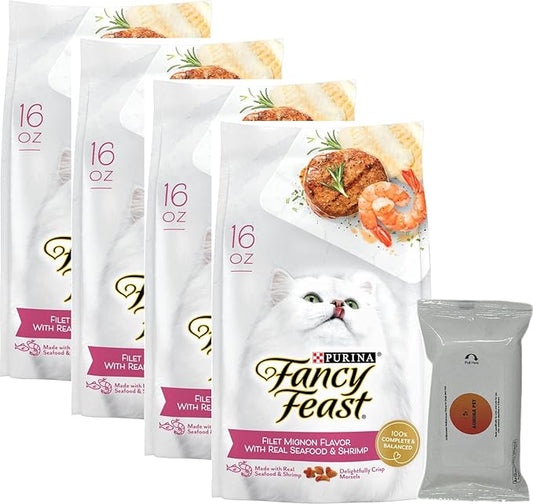 Aurora Pet Bundle Pack (4) FF Gourmet Dry Cat Food Filet Mignon Flavor with Real Seafood & Shrimp (16 oz. Bags) Plus AuroraPet Wipes