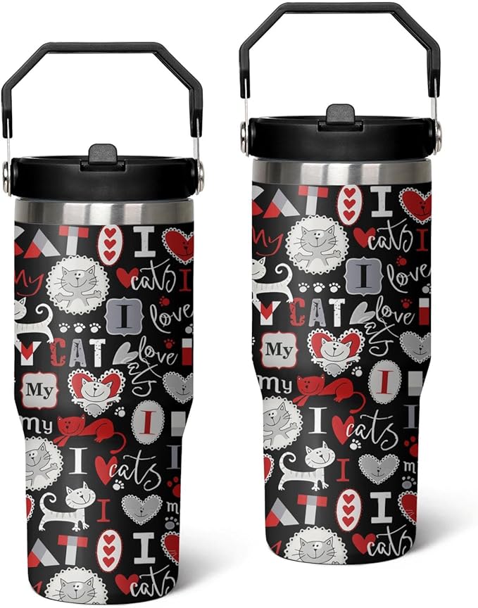 30 Oz Cat Tumbler with Straw and Handle, Insulated Cat Mugs for Cat Lovers, Double Wall Stainless Steel Cat Coffee Mug, Cat Mom Mug or Cat Dad Mug and 30 Oz Cat Cups Gifts for Cat Lovers for Women