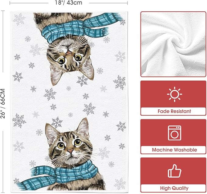 Artoid Mode Blue Cat Hello Winter Kitchen Towels Dish Towels, 18x26 Inch Print Snowflakes Christmas Decoration Hand Towels Set of 2