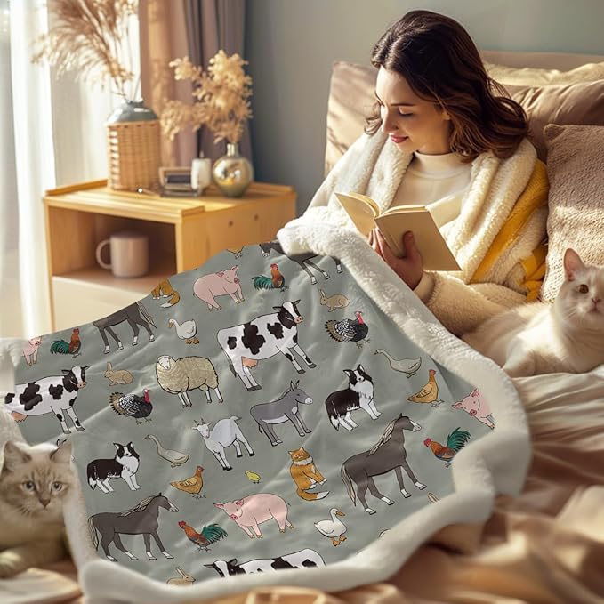 Sleepwish Farm Animals Fleece Blanket for Couch: Soft Sherpa Blanket for Animal Lovers - Cow Print Throw Blanket (50" X 60")