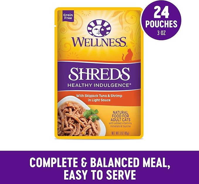 Wellness Healthy Indulgence Shreds Grain-Free Wet Cat Food, Made with Natural Ingredients and Quality Proteins, Complete and Balanced Meal, 3 oz Pouches (Tuna & Shrimp in Light Sauce, 24 Pack)