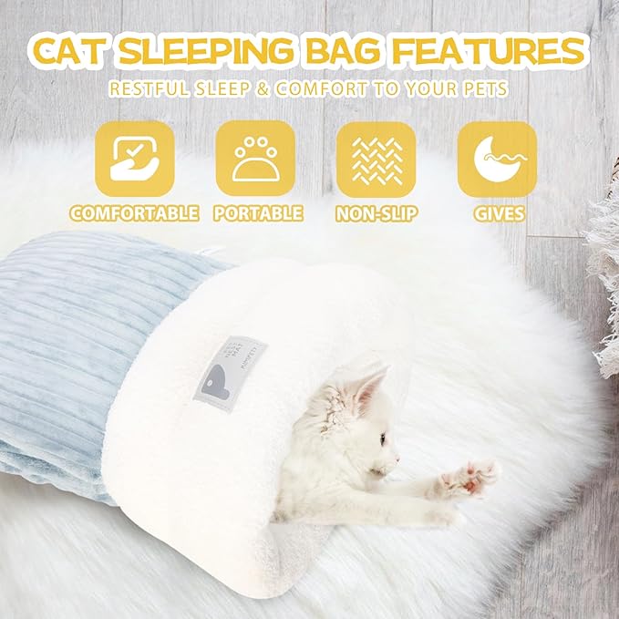 Cat Winter Sleeping Bag, Cat Bed Cave Sleeping Bag, Cat Sleeping Bag, 360°Wrap Comfortable Pet Snuggle Sack, Soft Plush Large Cat Sack - Size L（Gray Blue）