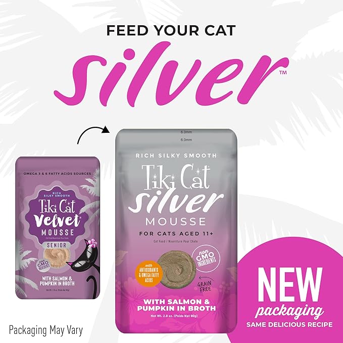 Tiki Cat Silver Mousse, with Salmon & Pumpkin in Broth, Silky Smooth Nutrient Rich Formulated for Older Cats Aged 11+, 2.9 oz. Pouch (Pack of 12)