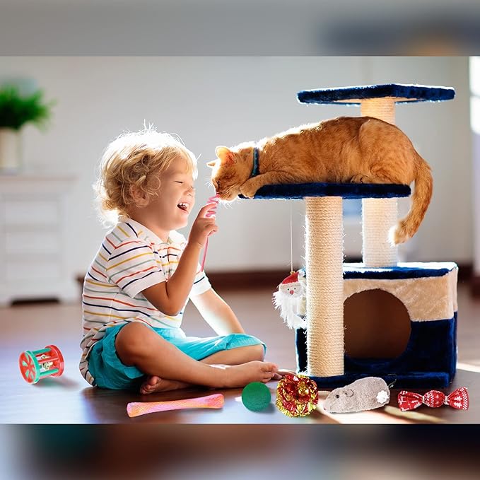 Sratte 12 Pieces Christmas Stocking Cat Toys Sets Christmas Cat Toys Stocking Stuffers Christmas Interactive Kitten Toys with Mouse, Squeaky Toys, Balls, Cat Teaser for Indoor Cats