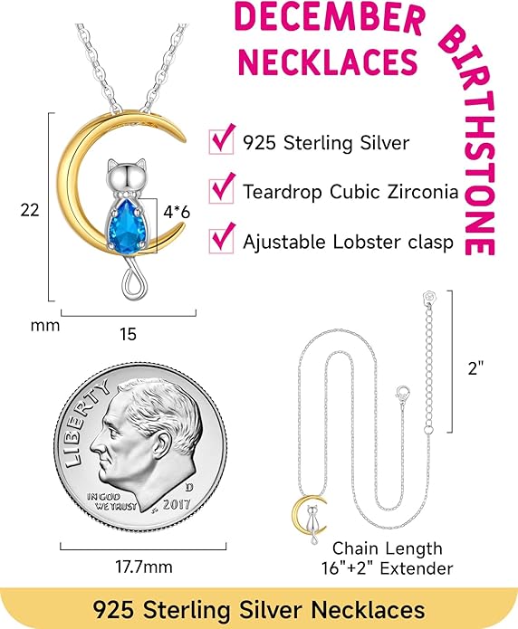 Birthstone Necklace for Women Girls, Cat Necklaces 925 Sterling Silver Teardrop Pendant 18K Gold-Plated Birthstone Jewelry Gifts for Birthday Easter