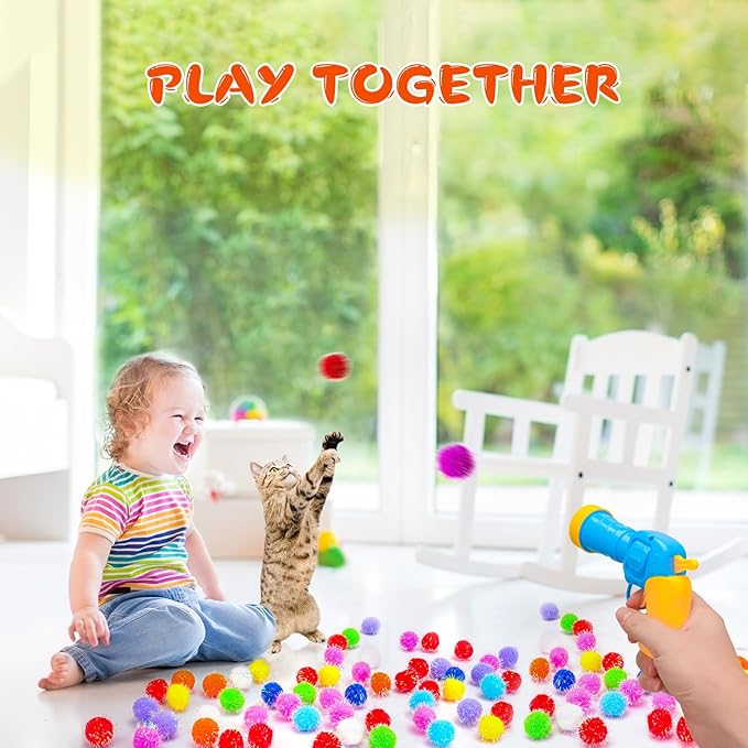 BooTaa Pet Toys, Interactive Cat Toy Set, 80pcs Glitter Pom-Poms Cat Ball Toy with 1 Launcher, Safe Soft Cat Toy Balls for Fetch, Training, Playing