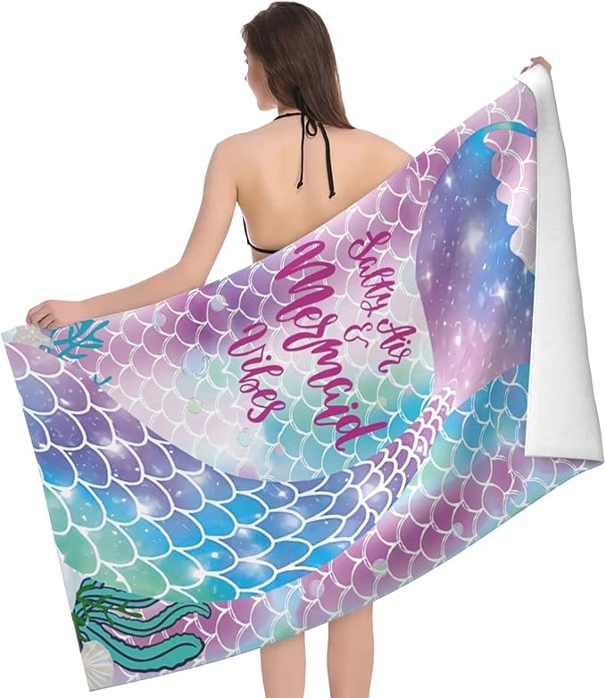 Mermaid Microfiber Beach Towels for Girls/Kids Personalized Beach Towels for Toddler/Baby, Cute Beach Towel, Thin Quick Dry Pool Towel 30"x 60"