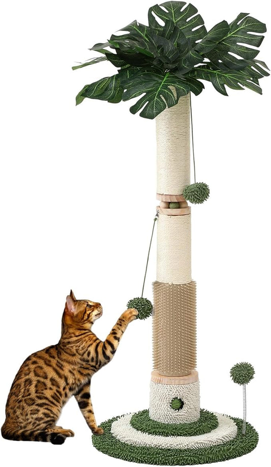 EMUST 40.2" Scratching Posts for Indoor Cats Adults, Cat Scratching Post with Nature Sisal Rope and Interactive Ball, Monstera Cat Scratch Post with Sturdy Base