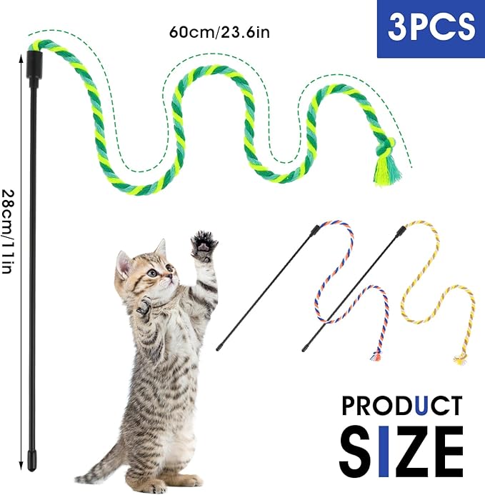 simarro 3 Pcs Cat Feather Wand Toys, Interactive Cat Teaser Wand Toy for Indoor Cats Adult, Colorful Feather Kitten Cat Stick Toys for Indoor Cats Play Chase Exercise (Colored Rope)