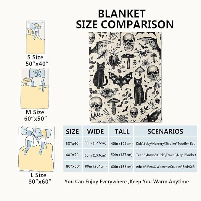 Spooky Goth Blanket Gothic Black Cats, Skulls, and Bats Throw Blankets Gifts for Girls Boys Adults Lightweight Soft Fleece Cozy for Sofa Couch Bed Room Travel Birthday Halloween Decor 50x60in