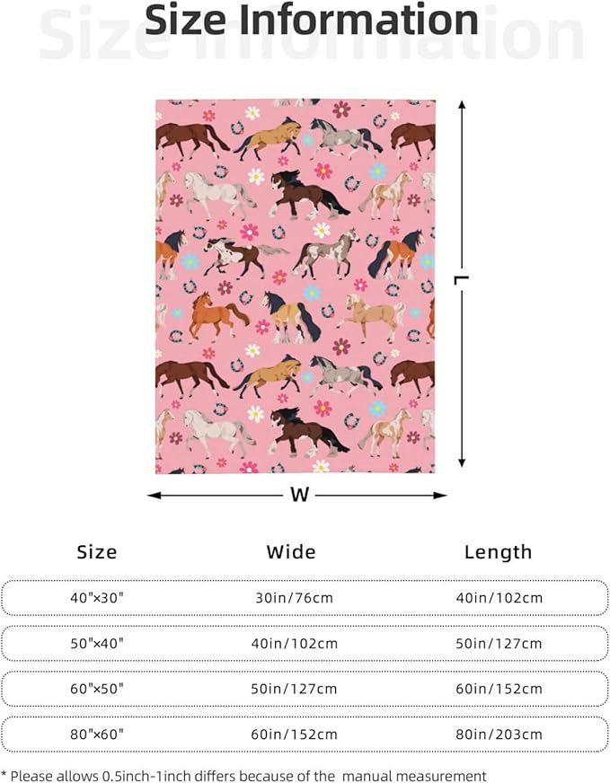 Horse Blanket Throw 50"x40", Plush Flannel Horses Flowers Blanket, Soft Warm Decorative for Kids Women Horse Lovers