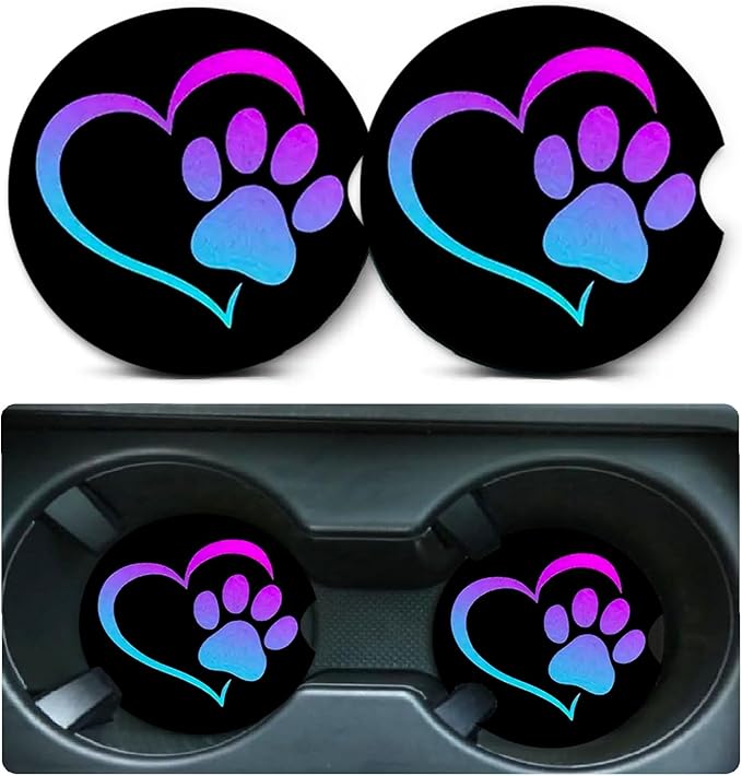 Car Coasters for Cup Holders,2 Pack Love Dog Paw Car Coasters,2.75" Universal Size Anti Slip Rubber Mat,Automotive Cup Holder Decal Decor Accessories,Dog Lovers Gifts for Women,Men,Mom