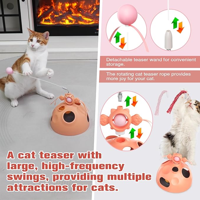 Zaabaaziba Interactive Cat Toys Multifunctional, Track Balls, Kitten Toy for Indoor, High-Elasticity Cat Teaser Wand, Multi-Cat Households, All Cat Breeds, Slow Feeder Toy Pink