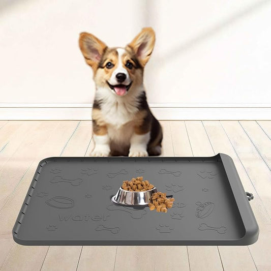 Silicone Pet Feeding Mat with Raised Edge for Food and Water, Dog Cat Food Mats Contain Spills Protects Floors, Dog Cat Bowls Placemat with High Lip for Floor Waterproof, Pets Accessories 19"x12"