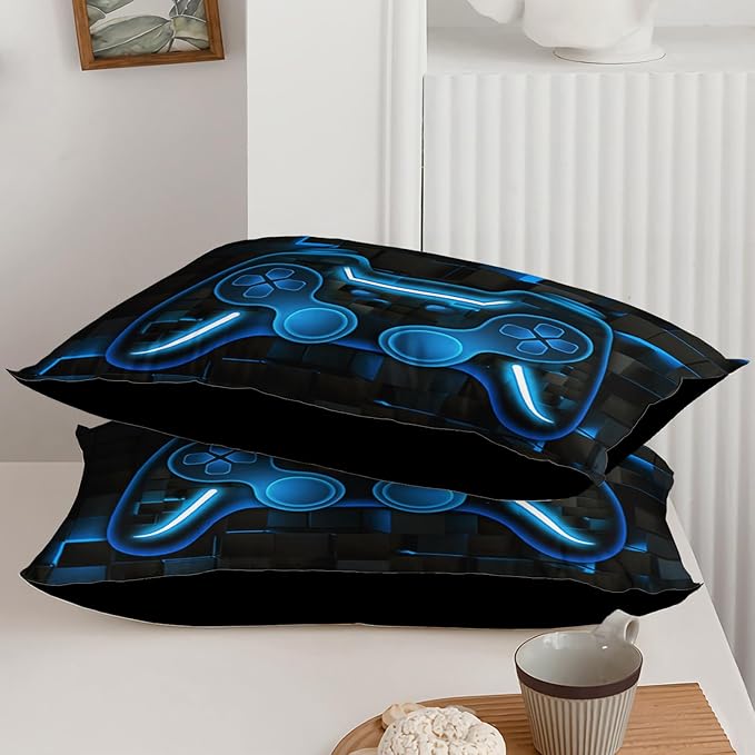 Axolotl Gamepad Comforter Set Queen Size,Blue Grid Print Bedding Set,Boy Gaming Console Comforter Set,Modern Gaming controller Geometry Bedding Set for Adult Teens Men,1 Quilt 2 Pillowcases,Blue Black