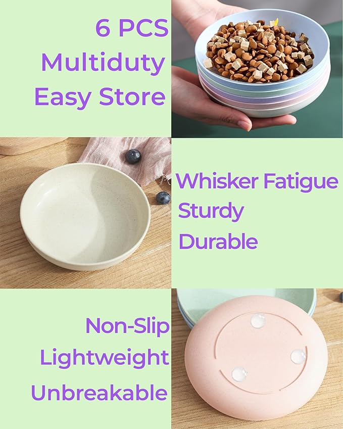 6-Pack Cat Food Bowl with Non Slip Feet, Whisker Fatigue Cat Dishes for Food, Shallow Kitten Bowls Set for Indoor Cats, 5.5" Flat Cat Plates for Wet Food