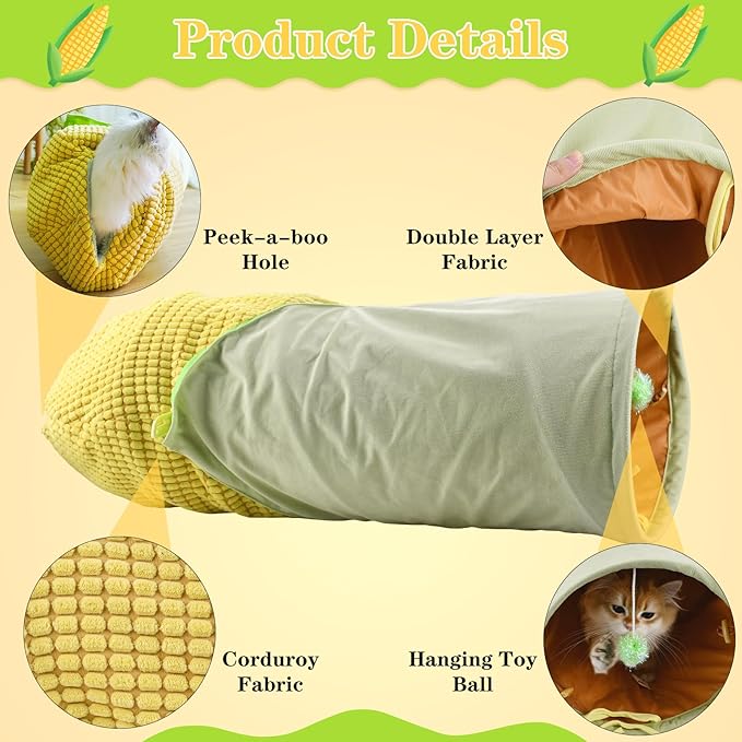Vehomy Collapsible Cat Tunnel Bed Corn Shape Cat Tunnel Toy Tube with Hanging Ball Warm Kitten Tunnel Bed for Indoor Cats Pet Burrow Toy for Cats Kittens Rabbits Bunny