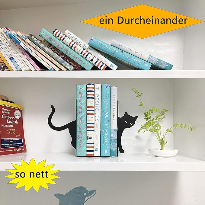 Black Cat Book Ends - Decorative Bookend for Shelves,Book Holder for Desktop, Cute Animal Decor for Home & Office, Gift for Cat Lovers L15.7(A Set) x D5 x H 7"