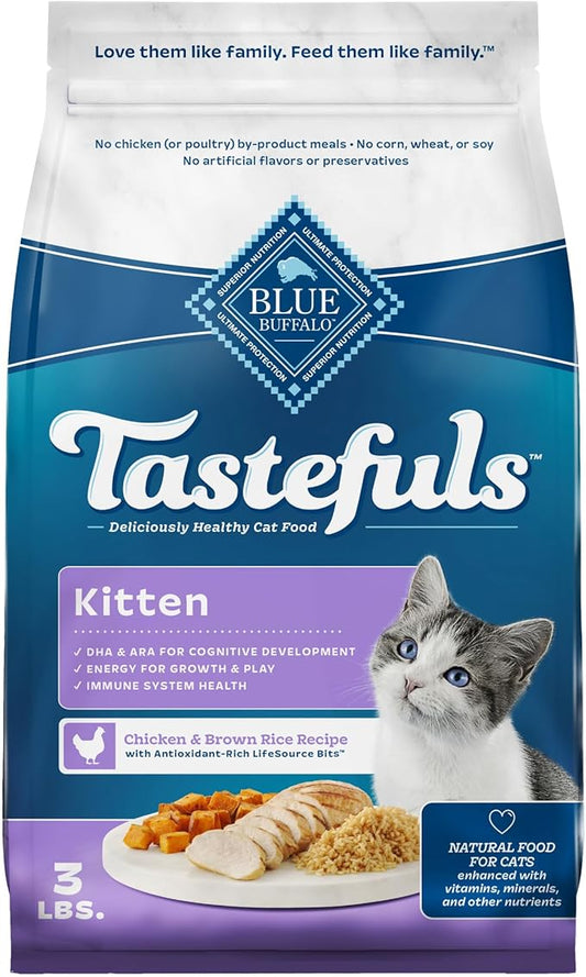 Blue Buffalo Tastefuls Kitten Food With DHA Dry Cat Food Made in the USA with Natural Ingredients, Chicken Recipe, 3-lb. Bag