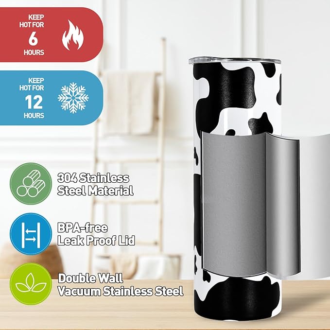 AGH Cow Print Skinny Tumbler with Lid and Straw,20 OZ Straight Stainless Steel Insulated Skinny Cups, Vacuum Double Wall Travel Coffee Mug