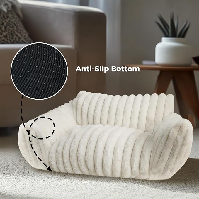 Cat Couch Bed for Pets, 24IN Cat Beds with Premium Soft Corduroy Fleece, Cute Waterproof Cat Sofa with Cotton for Small Medium Dogs & Kittens with Removable Washable Cover (Cream White)