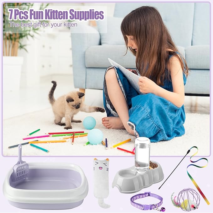 7 Pcs Small Cat Kitten Starter Kit Cat Litter Box with Shovel Cat Paw Litter Mat Double Automatic Cat Bowls Cat Toy Teaser Stick Cat Collar Essentials Kits for 1-3 Lbs Beginner (Purple,Stylish)