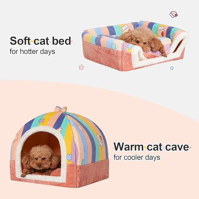 Jiupety Cute Cat House for Large Cat, Cat Beds for Indoor, 2-in-1 Cat Cave Bed, Large Cat Bed Cat Hideaway, Large, Rainbow.