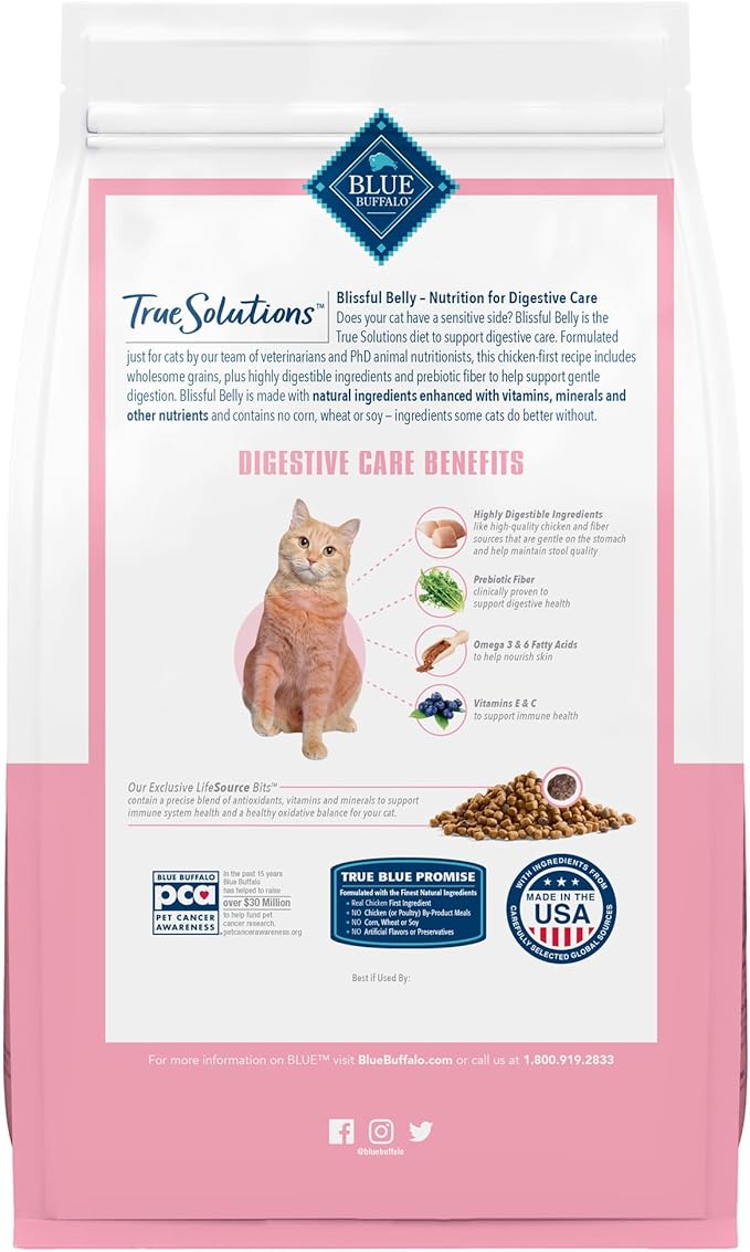 Blue Buffalo True Solutions Blissful Belly Digestive Care Natural Dry Food for Adult Cats, Chicken, 11-lb. Bag