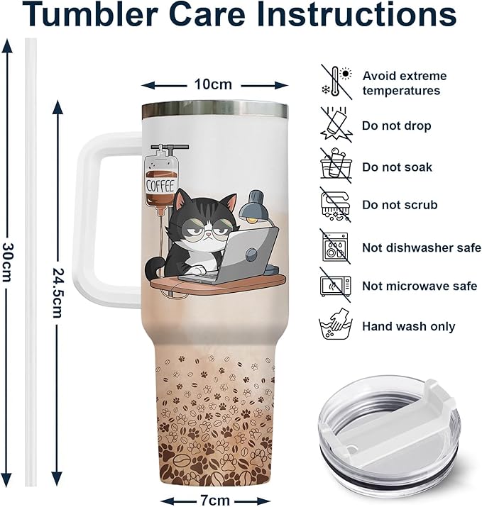 34HD Tuxedo Cat Tumbler 40oz Stainless Steel with Handle and Straw, It's Fine I'm Fine Mug, Funny Cat Travel Mug, Mothers Day Gifts for Tuxedo Mom