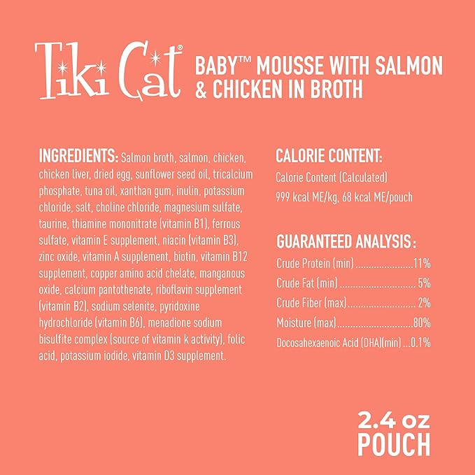 Tiki Cat Baby, Salmon & Chicken, Grain-Free and Nutrient Rich, Wet Cat Food for Kittens 4 Weeks+, 2.4 oz. Pouch (Pack of 12)