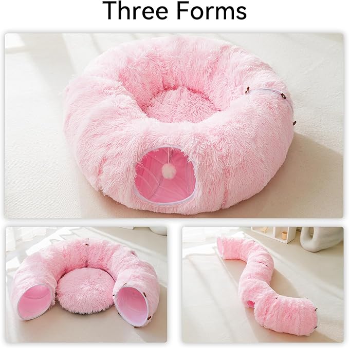 HIPIPET Winter Plush Cat Tunnel with Cat Bed for Indoor Cats,Multifunctional Cat Toys for Small Medium Large Cat.(Pink)
