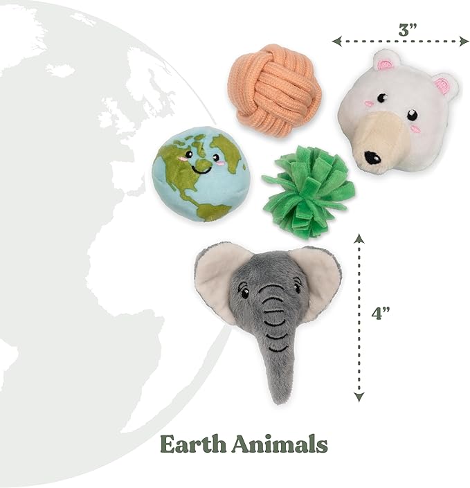 Stuffed Animal Cat Toy | Earth Animals Mixed Bundle | Value 5-Pack for Indoor Cats | Cute Interactive Plush Toys | Made of Eco-Friendly Materials - Go Green!