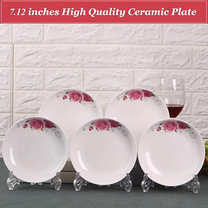 5 Pack Ceramic Plates with Rose Pattern, 7 inch Large Dessert Salad Porcelain Dinner Plates, Ceramic Dessert Dishes for Steak Pasta Pizza Appetizer (Dishwasher & Microwave Safe Plates)