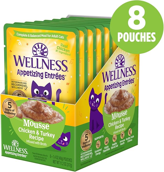 Wellness® Appetizing Entrées™ Mousse Chicken & Turkey Recipe Infused with Broth Natural Wet Cat Food, 1.4 oz Pouch (Pack of 8)