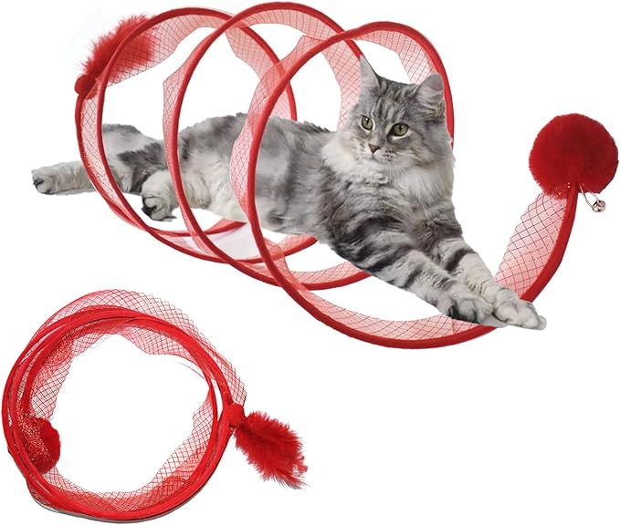 Cat Tunnel for Indoor Cats, S Type Foldable Cat Tunnel Red Cat Play Tunnels with Feather and Ball Interactive Cat Toys