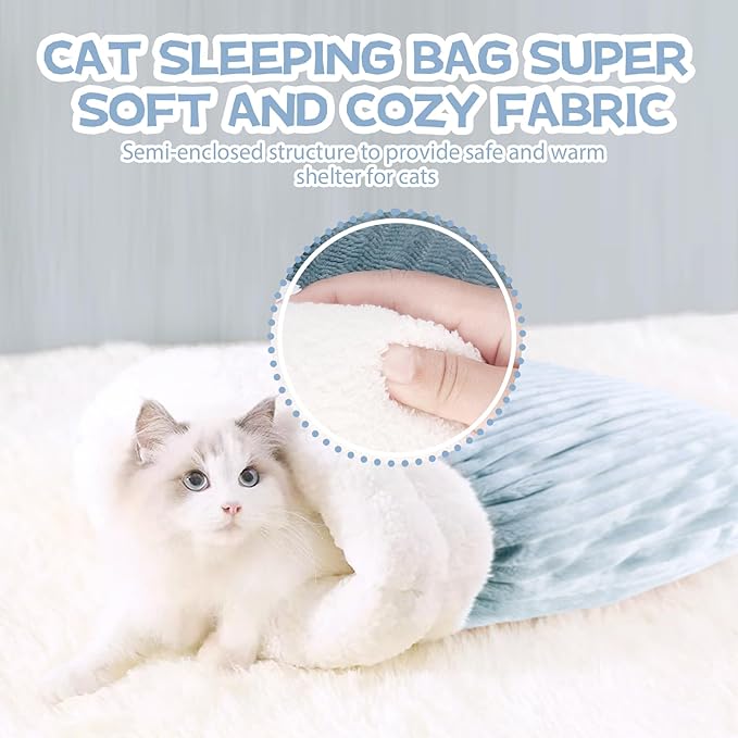Cat Winter Sleeping Bag, Cat Bed Cave Sleeping Bag, Cat Sleeping Bag, 360°Wrap Comfortable Pet Snuggle Sack, Soft Plush Large Cat Sack - Size M（Gray Blue）
