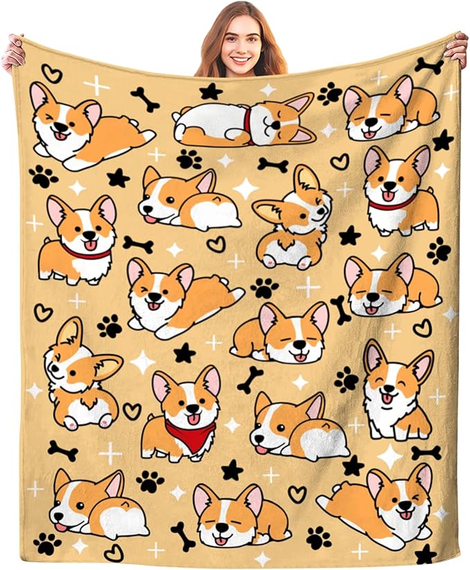 Cute Corgi Blanket Puppy Dog Pattern Blankets Bedding Soft Lightweight Flannel Throw Blankets Gifts for Corgi Lovers Kids Adults 80"X60"