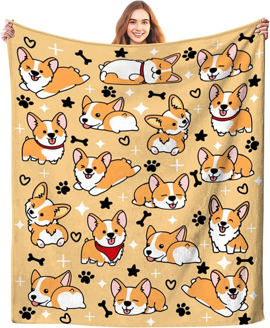 Cute Corgi Blanket Puppy Dog Pattern Blankets Bedding Soft Lightweight Flannel Throw Blankets Gifts for Corgi Lovers Kids Adults 60"X50"