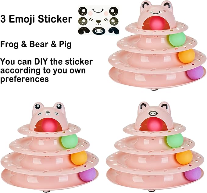 Suhaco Interactive Cat Toys for Indoor Cats Pack of 17 Fun Roller 4 Level Cat Tower with Cute Stickers Turntable Kittens Ball Teaser Toy (Pink 17Pcs)