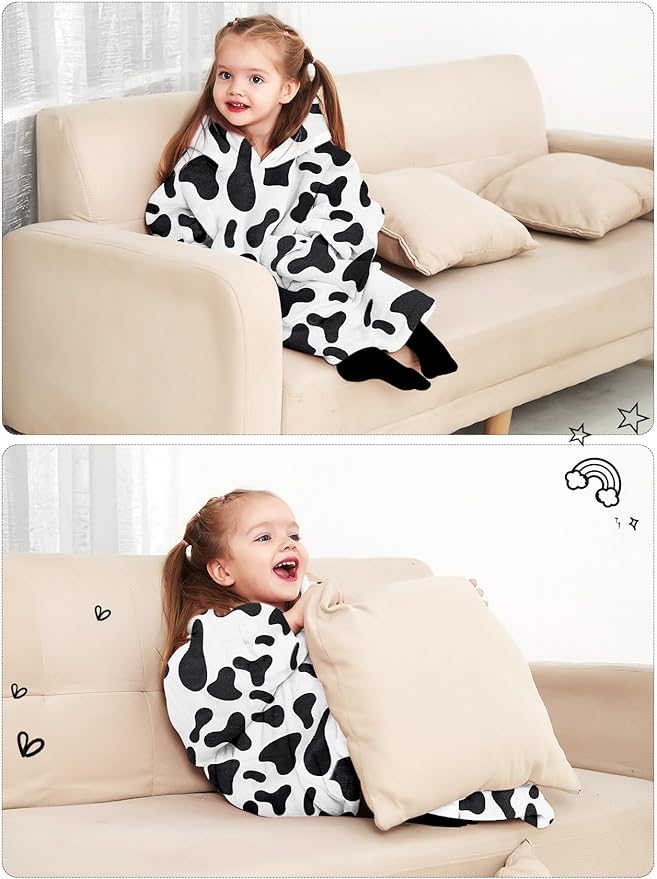 KFUBUO Wearable Blanket Hoodie for Kids Toddlers Sherpa Blanket Sweatshirt With Pocket Cute Hoodies 2-6 Year Old Girl Boy Birthday Gifts Cow
