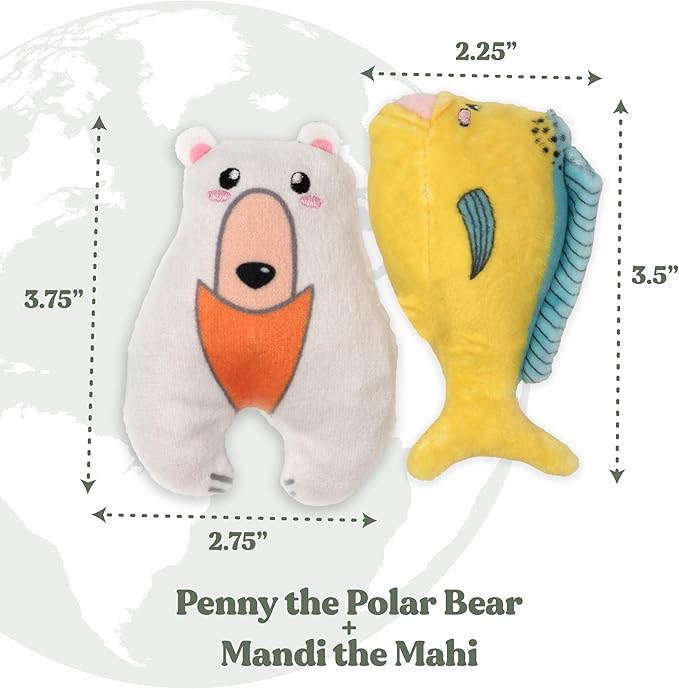 Stuffed Animal Cat Toy | Mahi and Polar Bear Mixed Bundle | Value 2-Pack for Indoor Cats | Cute Interactive Plush Toys | Made of Eco-Friendly Materials - Go Green!
