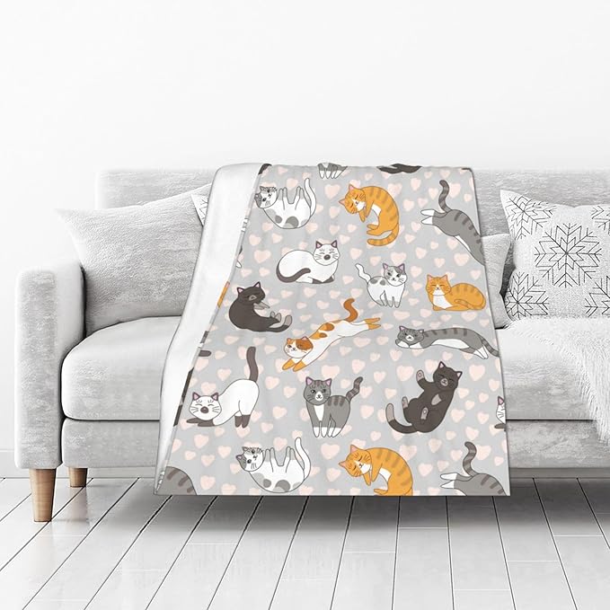 Cute Cat Kawaii Kitten Blanket, Soft Blankets Flannel Bed Throw Cozy Lightweight Plush Gifts for Kids Boys Girls Women Men Sofa Couch Bedroom Living Rooms Warm All Season, Home Decor, Small 50"x40"