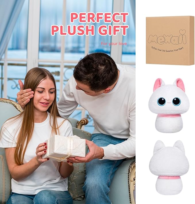 Squishy Cloud-Like Softness, Trending Kawaii White Cat Mushroom Plush Pillow, A Must-Have Collectible for Young Adults, Perfect for Kids, Toddlers Girls, Stuffed Animal Decor (8")