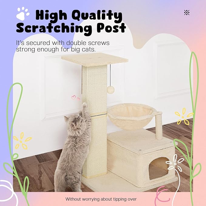Small Cat Tree, 31 Inches Tall Cat Scratching Post with Perch & Condo & Hammock, Natural Woven Sisal Cat Post Sctacher, Kitten Scratching Posts for Indoor Cats, Cat Scratch Tower, Beige