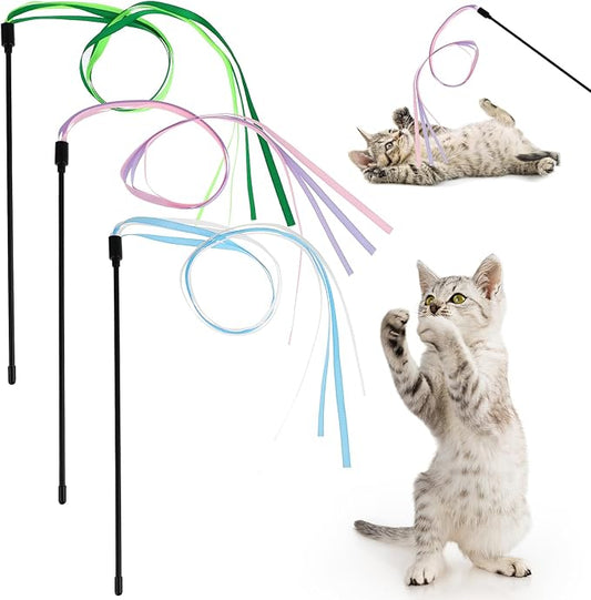 Amaxiu Cat Ribbon Wand Toys, 3pcs Interactive Cat Rainbow Wand String Toys for Indoor Cats Colorful Ribbon Charmer for Kittens Teaser Training Exerciser Playing Catcher Accessories