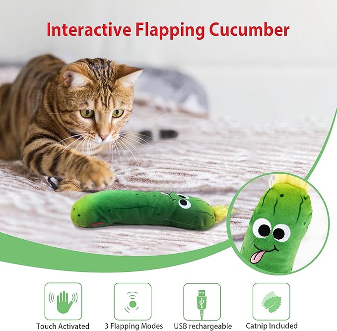 Gigwi Interactive Cat Toys, Rechargeable Flapping Wiggle Pickle with SilverVine Catnip, Beating Tails Cat Toys for Indoor Cat, Touch Activated Best Gift For Birthday, Thanksgiving, Christmas, New Year