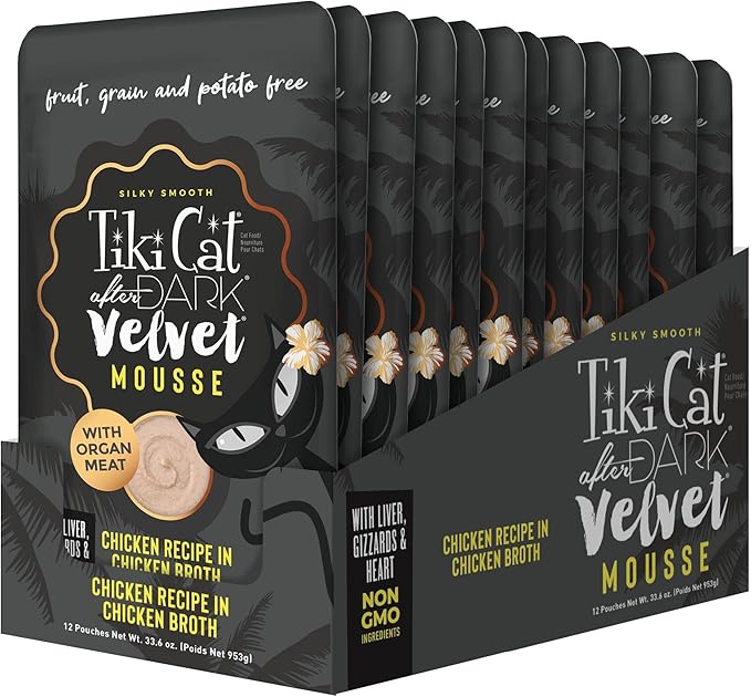 Tiki Cat After Dark, Velvet Mousse, Chicken Recipe in Chicken Broth, Grain & Potato Free Formula, with High Protein & Nutrient Dense Blended Irresistible Organ Meat, 2.8 oz. Pouch (Pack of 12)