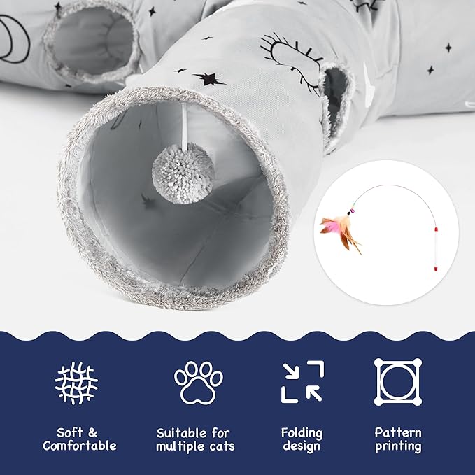 Tempcore Pet Cat Tunnel Tube Cat Toys 3 Way Collapsible, Cat Tunnels for Indoor Cats，Kitty Tunnel Bored Cat Pet Toys Peek Hole Toy Ball Cat, Puppy, Kitty, Kitten, Rabbit Blue Large Size Gray Sun
