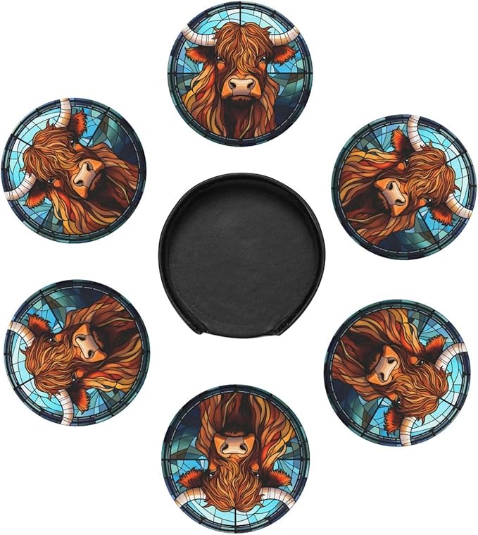 Highland Cow Drink Coaster Set of 6, Highland Cow Decor Gifts, Leather Drink Coasters with Holder, 6 Pack Cup/Bar/Drink Coasters for Table/Drinks/Coffee Protection Housewarming Gift